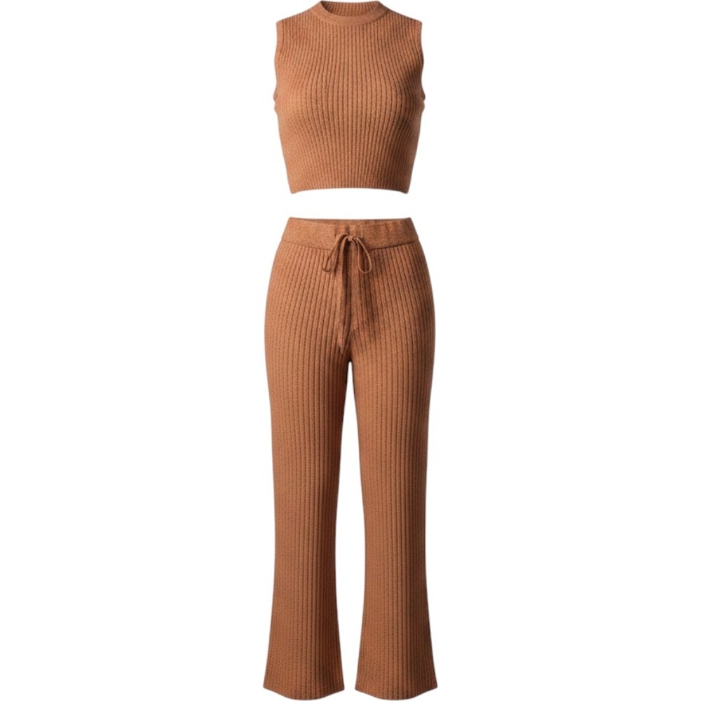 Terracotta Ribbed Knit 2 Piece Set Sleeveless Mock Neck Top & Wide Leg Pants